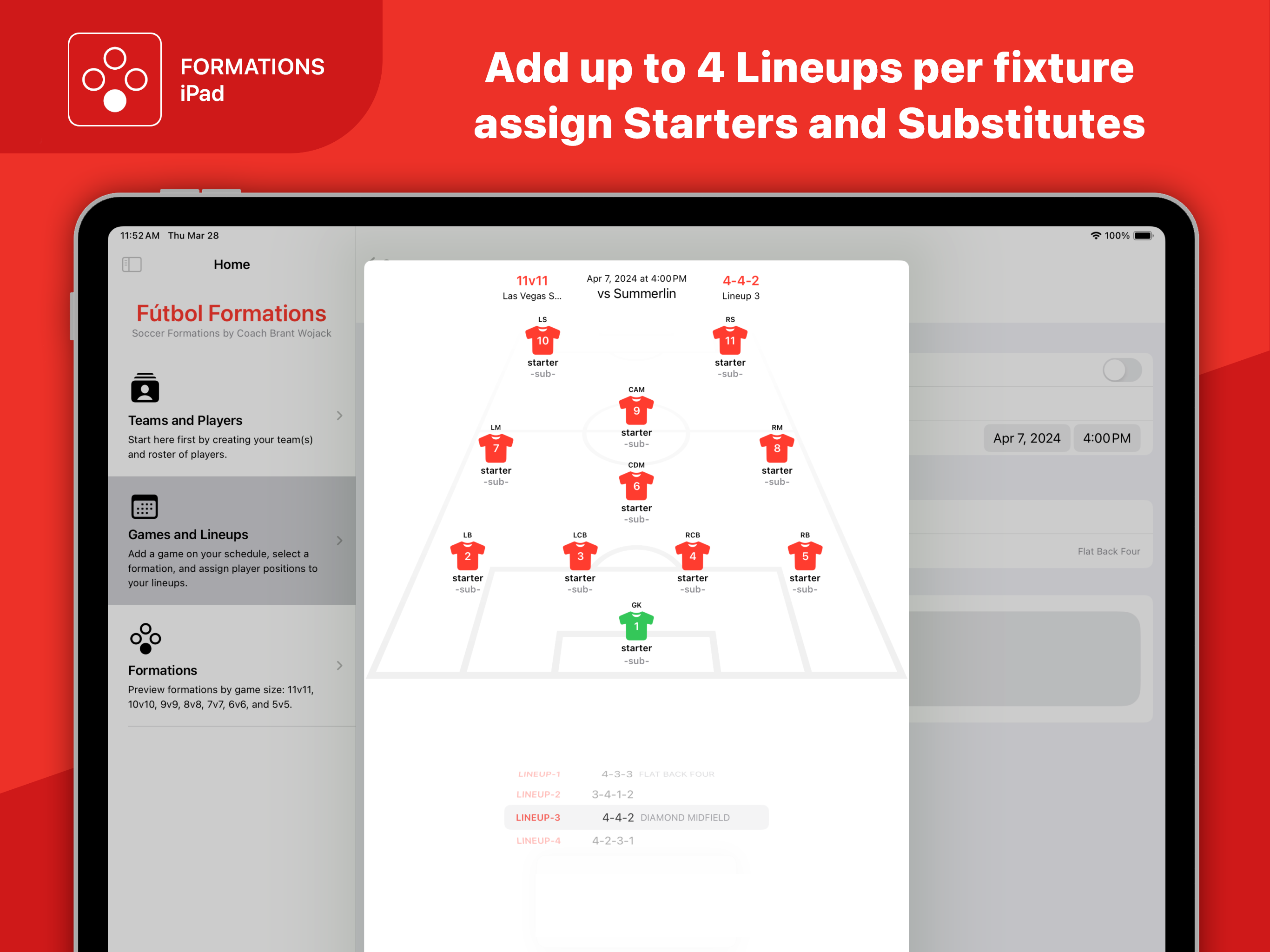 BW Formations for iPad - Starters and Subs